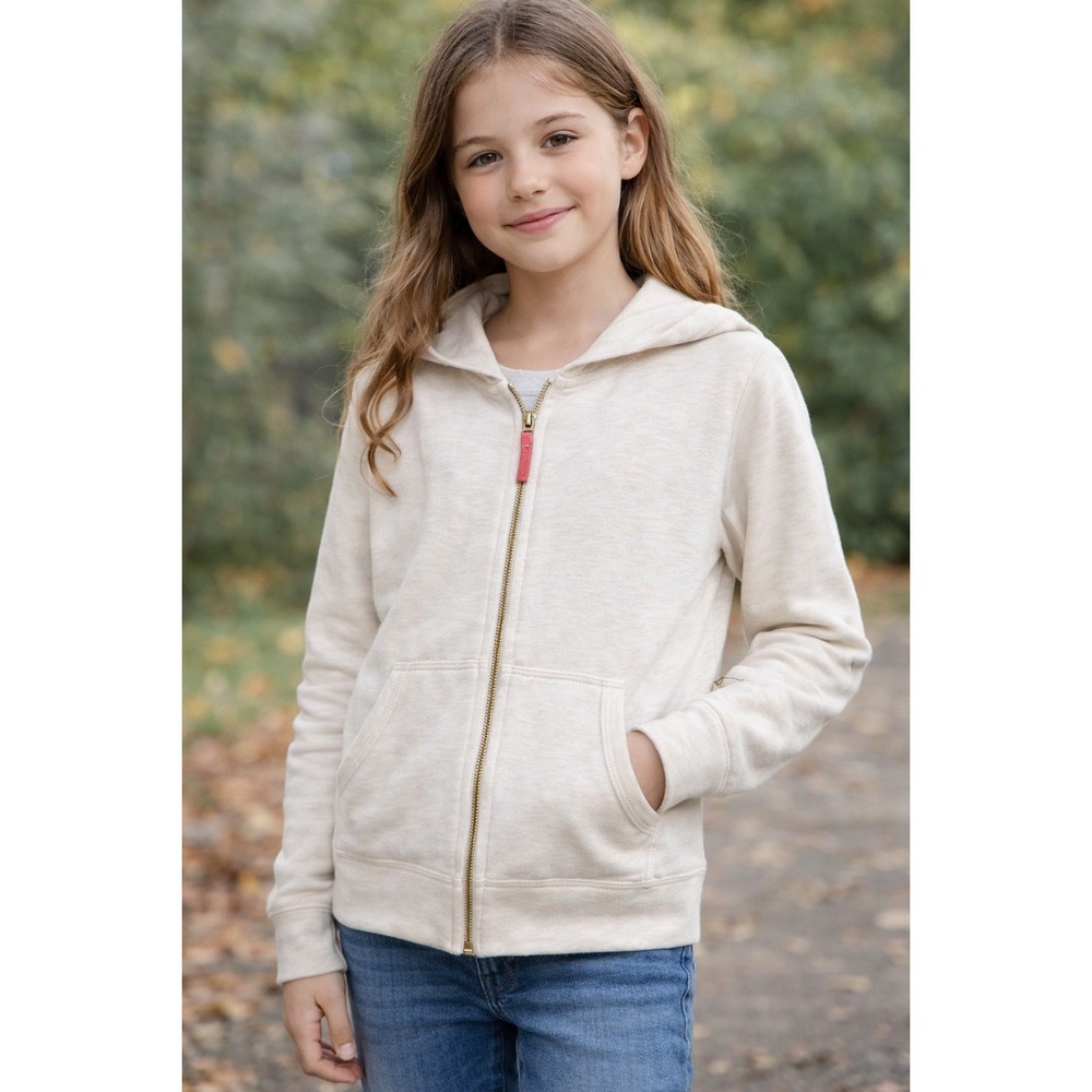 Crewcuts J Crew Girls XL 12-14 Oatmeal Heather Fleece Zip Up Hoodie Pink Trim